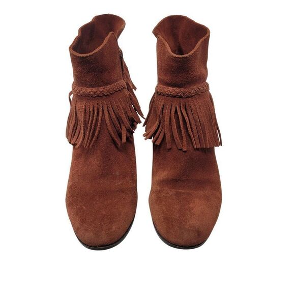 Gianni Bini Rust Brown Suede Fringe Western Ankle Booties 9 Leather Heeled Boot - Picture 2 of 13